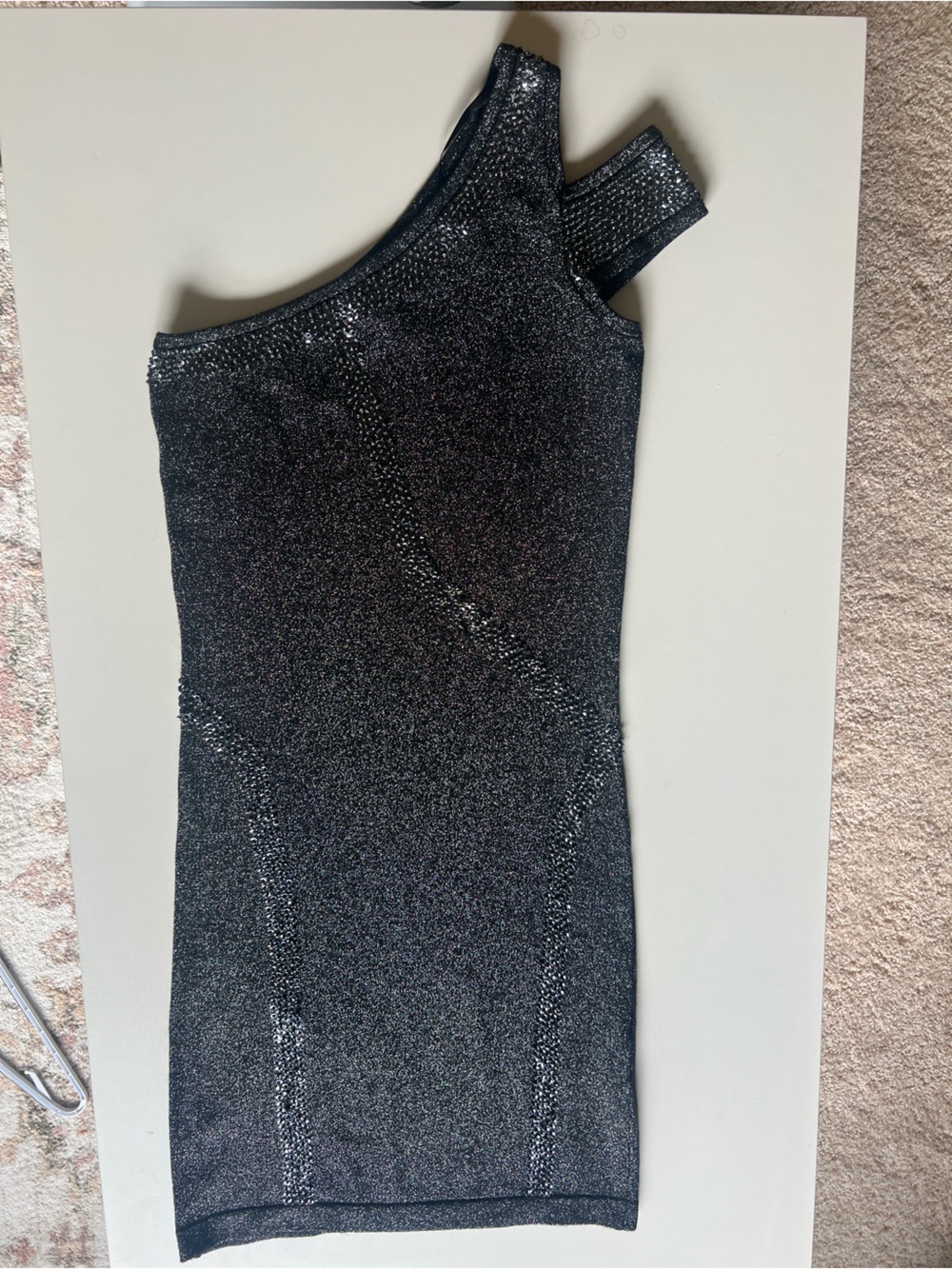 Sexy BEBE Black Shimmery Bodycon One-Shoulder Mini Dress w/Bead & Sequin Detail